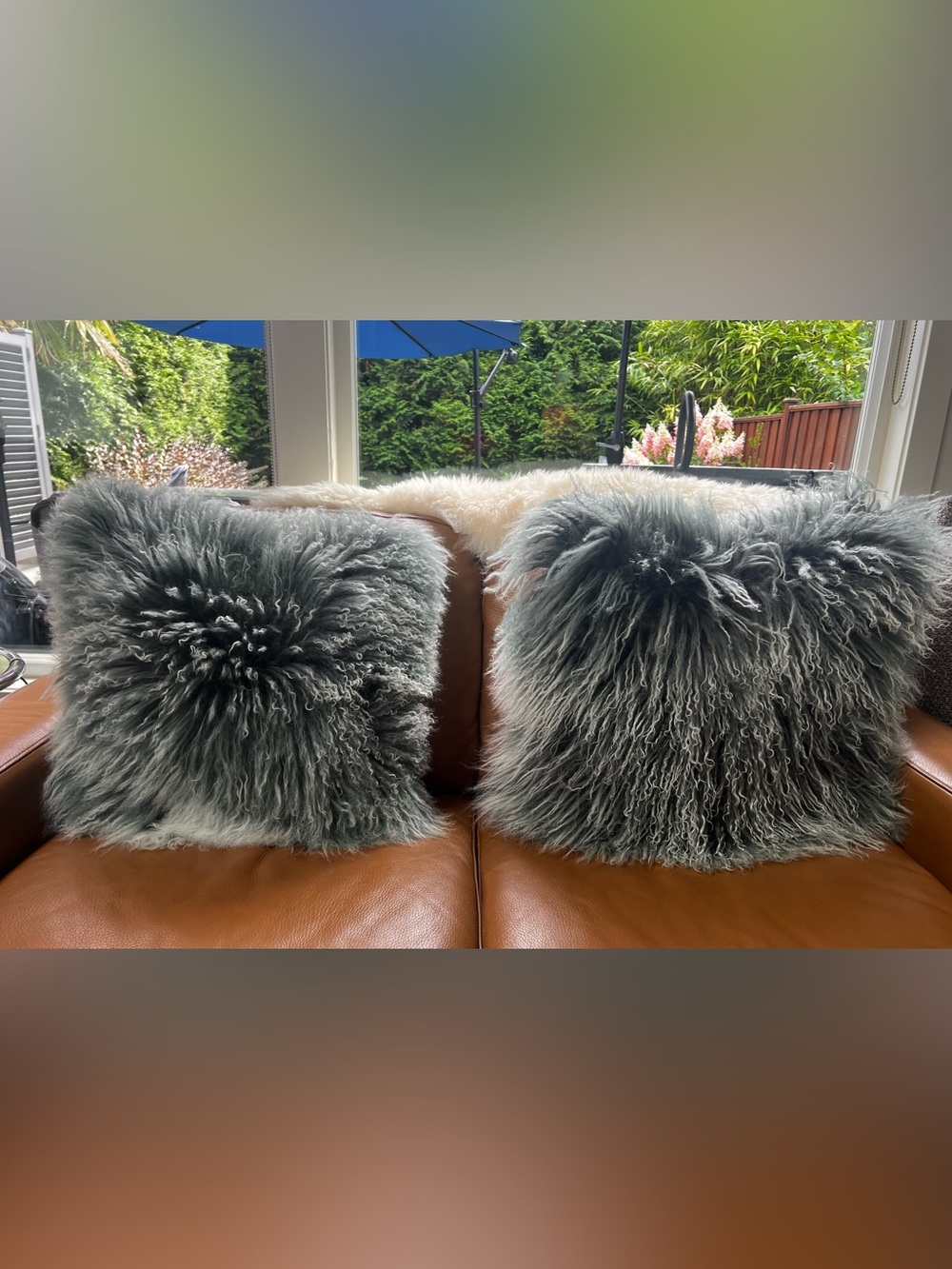Urban Barn Plush Gray Mongolian Fur Throw Pillow Faux Suede Back